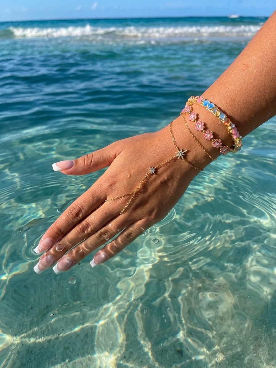 Pink Blossom – bracelet fleurs roses, jonc coloré et chaîne de main étoiles – NAMABIJOUX